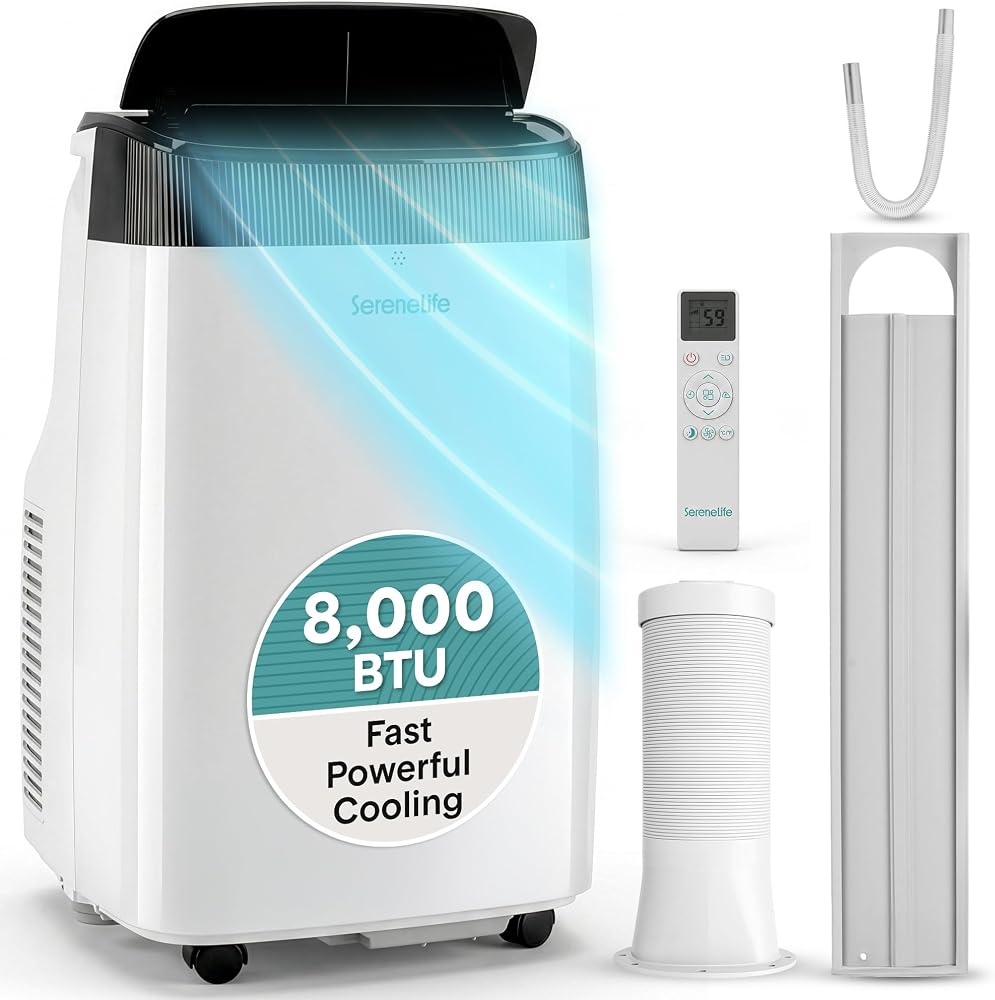 SereneLife Portable Air Conditioner, With Dual Motor, Dehumidifier & Fan | 8,000 BTU AC With Temperature Ranges 64°F, 90°F | Fast Powerful Cooling | 3 Fan Speeds, Remote Control, & Window Exhaust Kit