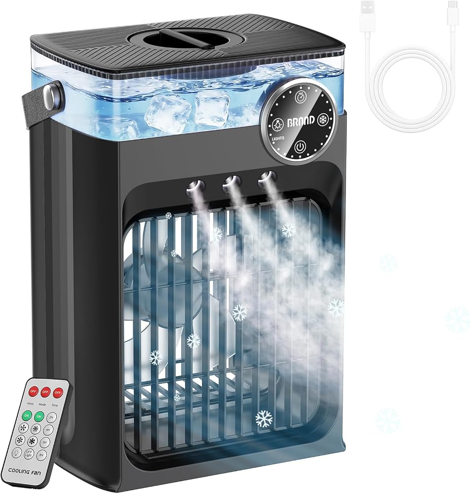 2026 New Portable Air Conditioners, 4 in 1 Evaporative Air Cooler with 1200ML Tank, 2-8H Timer, 3 Modes & 8 LED Lights, Light & Remote Control for Office, Car Camping & Travel